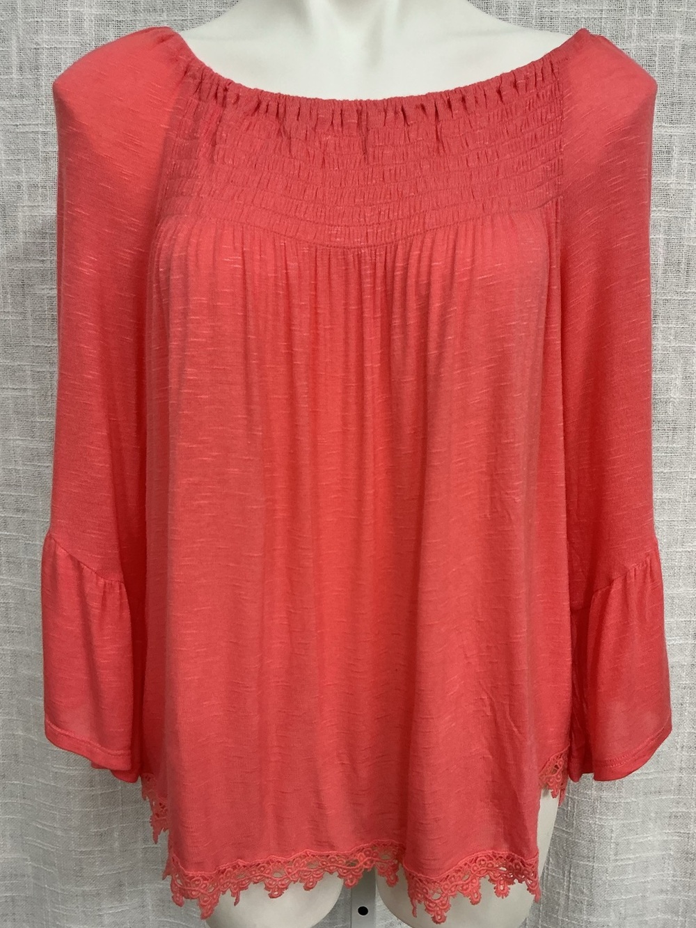 Eyeshadow Coral Off-Shoulder Smocked Blouse